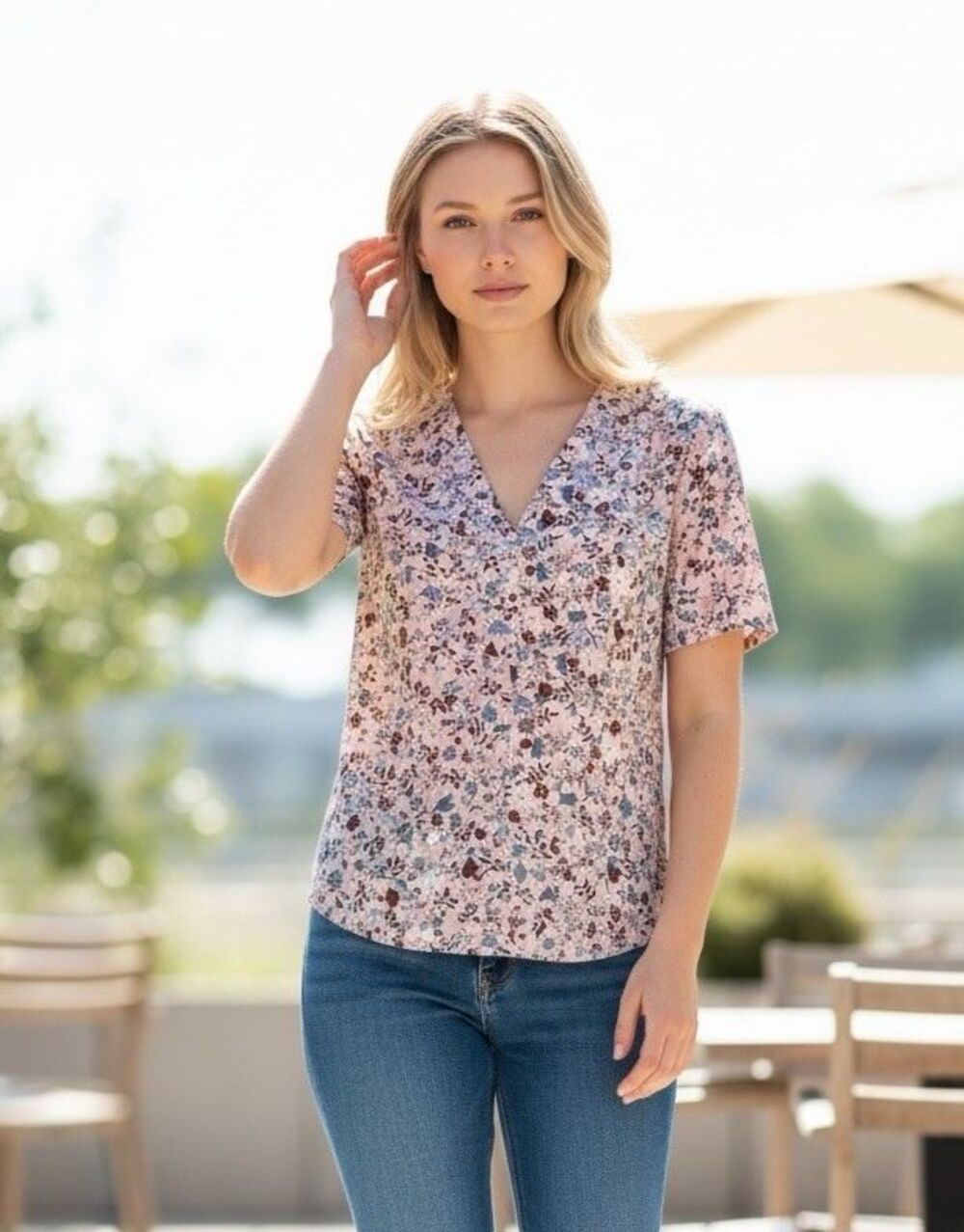 Pleione NWOT short sleeve v-neck womens blouse Small summer vacation cottagecore